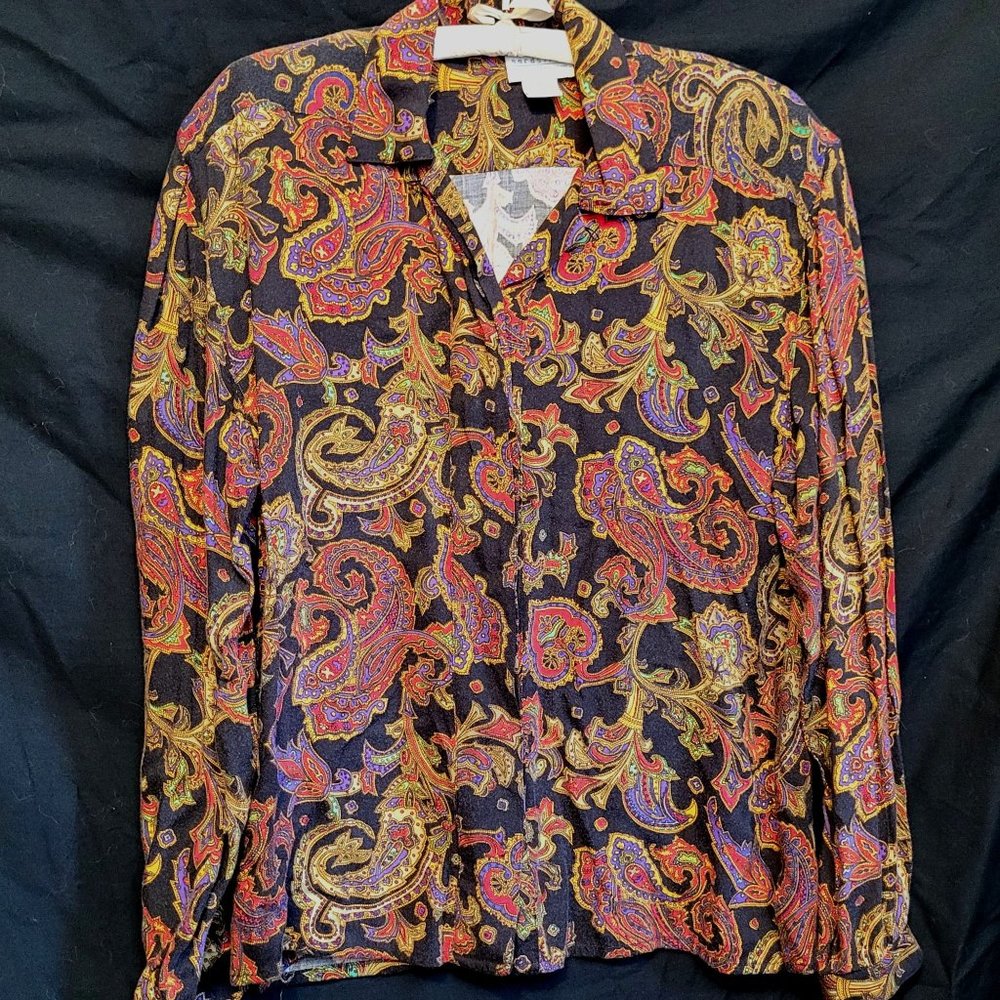 Vintage Paisley Floral Button Up Shirt Blouse Nordstrom Town Square Rayon Sz 8